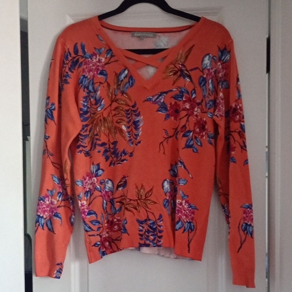 Daniel Rainn V Neck Coral Glowery PrintnKnit Long Sleeve Top/Sweater Size L